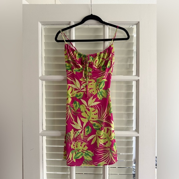 Tropical Pink and Green Leaf Print Mini Dress - Picture 1 of 4